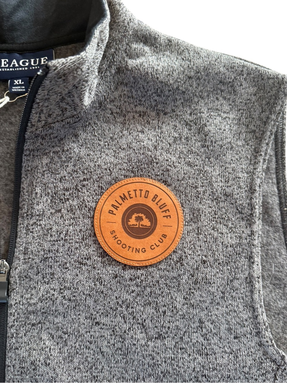 League Men’s Heather Gray Full-Zip Fleece Vest with Chest Patch - Picture 3 of 4